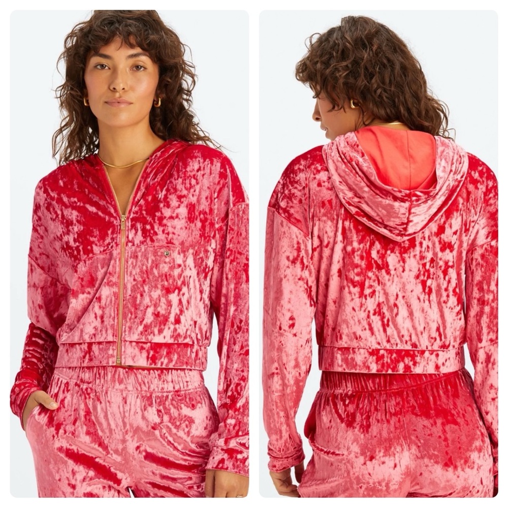 NEW Fabletics Vanessa Hudgens Crushed Velour Zip Up Hoodie Strawberry Red Medium